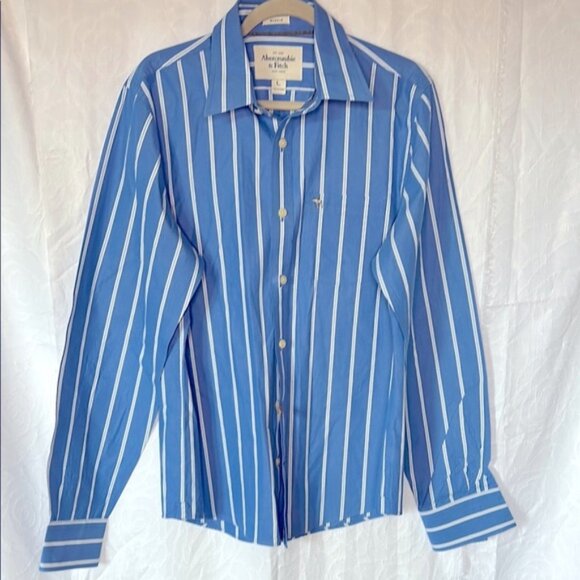 ABERCROMBIE & FITCH Brown Moose Blue & White striped Men’s Shirt Size Large. - Picture 1 of 6